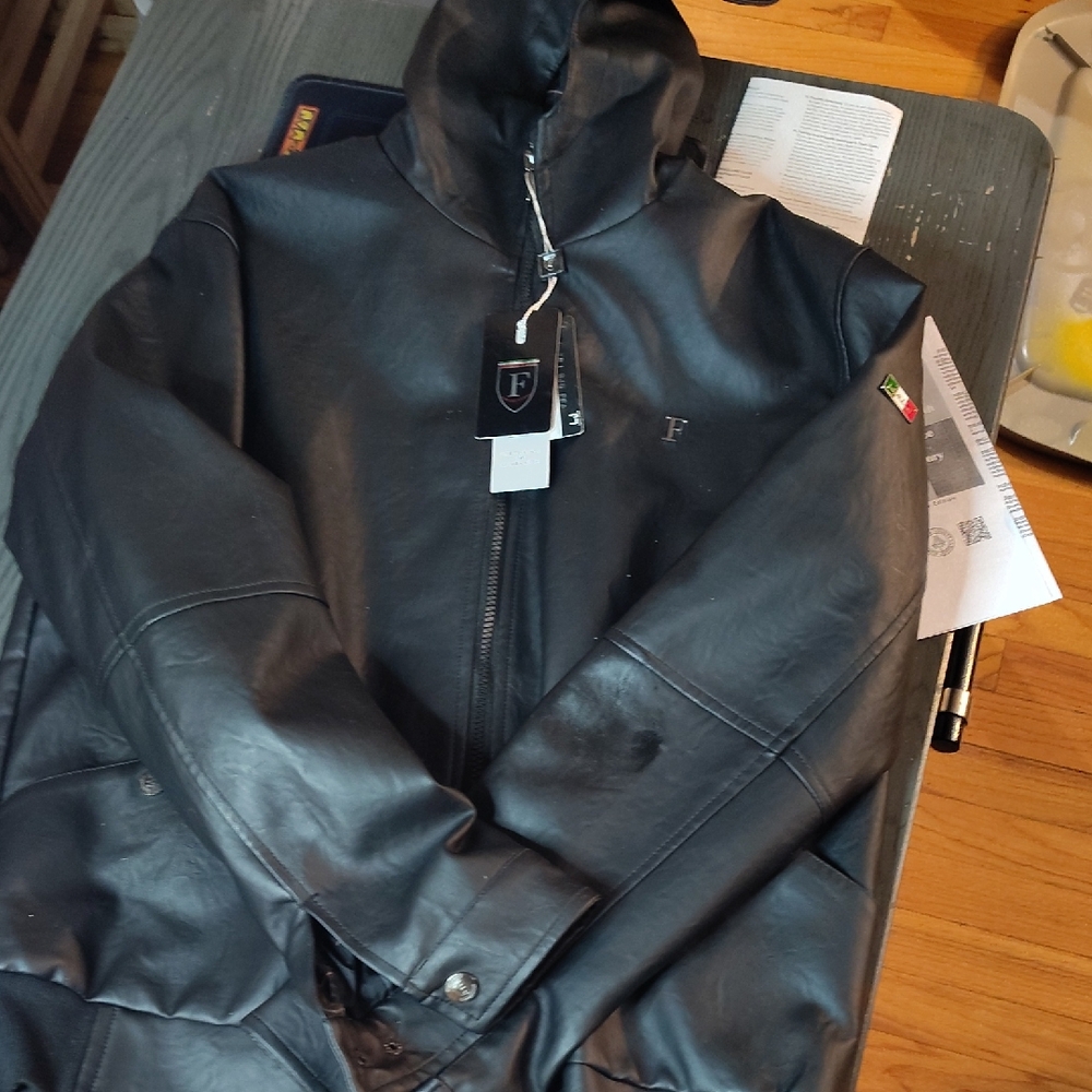 Black Leather Hooded Performance Jacket for Men
